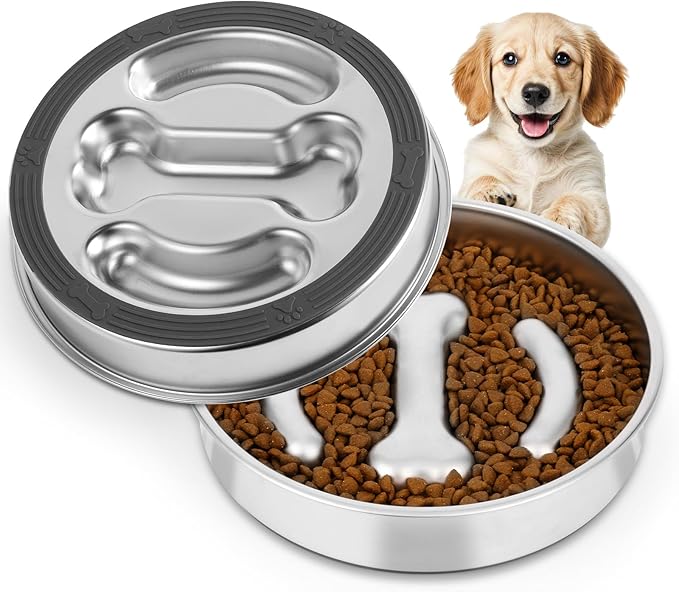 Slow Feeder Dog Bowls Stainless Steel,Anti-Slip Slow Eating Dog Food Bowl,Double-Sided Bones Design dig Dish, 3 Cups Capacity for Small and Medium Dogs Slow Down Eating