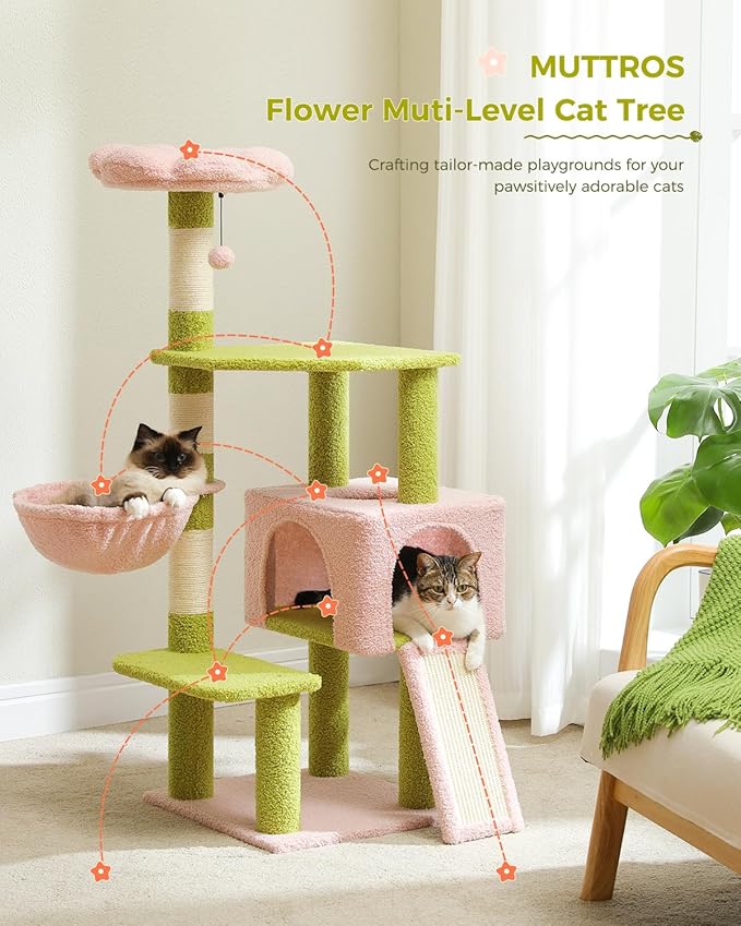 Flower Cat Tree 47.2" Multi-Level Cat Tower with Sisal Covered Scratching Posts, Cute Cat Condo for Indoor Small Medium Cats, Pink Top Perch, Fluffy Ball, Pink