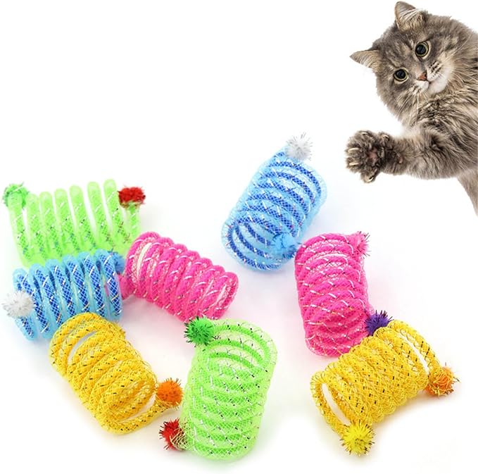 2Pcs Colorful Coils Spring with Plush Ball Cats Chew Toy for Indoor and Outdoor Play Stimulating Curiosity and