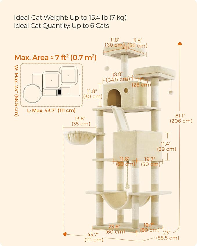 Feandrea Cat Tree, 81.1-Inch Large Cat Tower, Multi-Level Plush Condo with 13 Scratching Posts, 2 Perches, 2 Caves, Basket, Hammock, Pompoms, Beige UPCT190M01