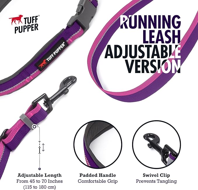 Tuff Pupper Hands Free Adjustable Length Dog Leash | Lightweight for Running Jogging Walking | Padded Waist Belt (24-50 inch) | Adjusts 3 to 6 Feet Length | Strong Ballistic Nylon w/Reflective Strips