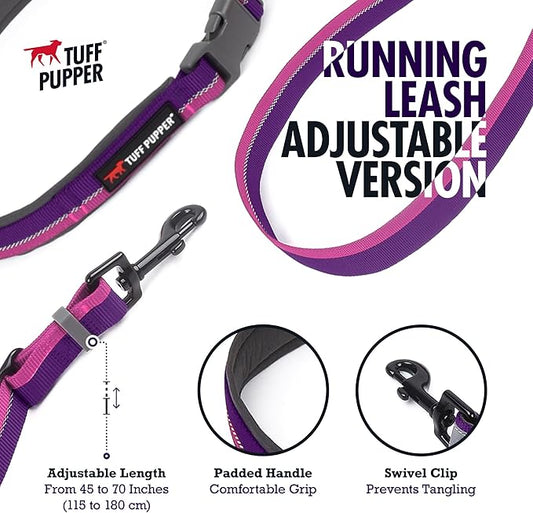 Tuff Pupper Hands Free Adjustable Length Dog Leash | Lightweight for Running Jogging Walking | Padded Waist Belt (24-50 inch) | Adjusts 3 to 6 Feet Length | Strong Ballistic Nylon w/Reflective Strips