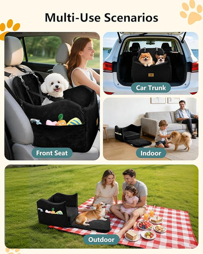 Dog Car Seat for Small/Medium Dogs Up to 35 lbs, 2-in-1 Pet Car Seat with Memory Foam, Machine Washable Dog Bed for Cars, Non-Slip Pet Booster Carseat with Safety Leashes, Storage Pockets (Black)