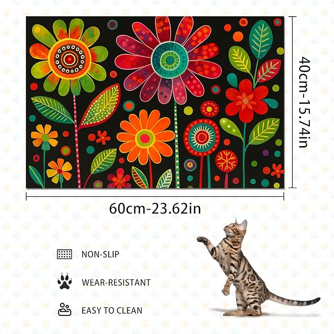 Vibrant Flower Pattern Pet Food Mat Spill-Proof Pet Feeding Mats for Food and Water Bowls Non-Slip Cats Placemat for Pet Areas Easy Clean Fast Dry Dog Water Bowl Mat 24" x 16"