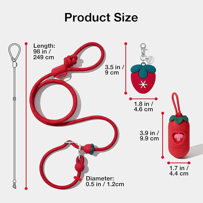VETRESKA Hands-Free Dog Leash, 8FT Adjustable Rope Leash for Medium Large Dog, Waist/Crossbody Slip Lead Leashes for Walking, No Pull Leashes with Bag Dispenser, Clip, 3 in 1 Walk Kit (Strawberry)