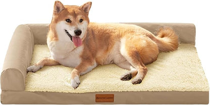 Patas Lague Orthopedic Dog Bed Medium Size Dog 30''X20'', Waterproof L Bolster Medium Pet Sofa Beds with Removable Washable Cover, Soft Comfortable Pet Couch Crate Mat with Nonskid Bottom, Cream
