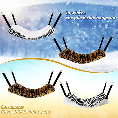Jetec 2 Pack Cat Hammock for Cage, Catio Accessories Reversible Soft Cats Bed with Adjustable Straps and Hooks Double-Sided Linen and Fleece Hanging Hammock for Cats, Kitten(Zebra, Tiger Stripes,M)