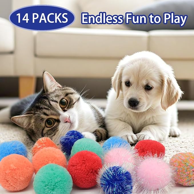 14-Pack Cat Toys Balls - No Bells Quiet Interactive Toys, Soft Pom Poms & Sparkle Balls for Kittens & Adult Cats, Safe for Batting Chasing (7 Sparkle Fuzzy Balls+ 7 Yarn Balls)