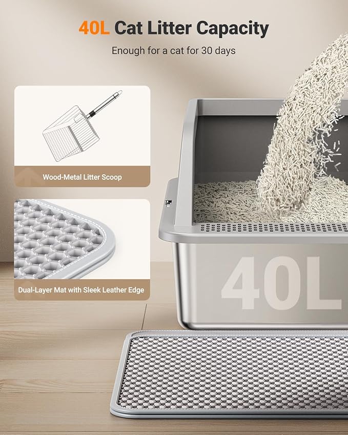 XL Stainless Steel Litter Box, Extra Large Metal Cat Litter Box with High Sided for Big Cats, Enclosed Litter Boxed with Lid, Easy-Clean Cat Litter Mat & Scoop Kit, Anti-Urine Leakage (Grey)