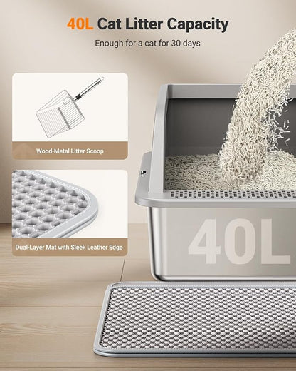 XL Stainless Steel Litter Box, Extra Large Metal Cat Litter Box with High Sided for Big Cats, Enclosed Litter Boxed with Lid, Easy-Clean Cat Litter Mat & Scoop Kit, Anti-Urine Leakage (Grey)