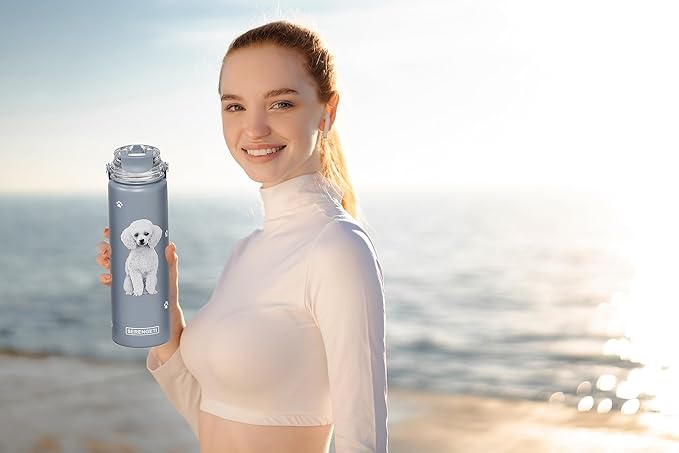 SERENGETI 24 Oz Water Bottle Stainless Steel with Spill Proof Lid - Double walled Vacuum Insulated water flask - Realistic 3D Print of your favorite dog (Poodle)