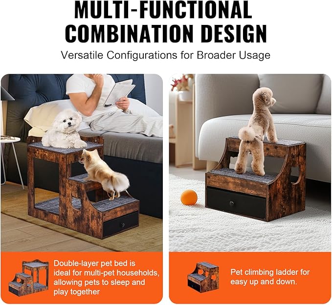 VEVOR Pet Bunk Bed with Removable Stairs, Dog/Cat Window Perch with Storage, Multi-Level Bed Window Perch Dog Bedside Sleeper Couch, Small Pet Seat Platform, Indoor Use (Rustic Brown)