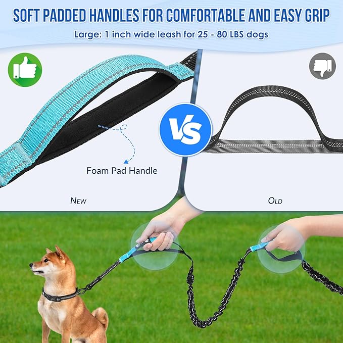 Hands Free Dog Leash for 2 Dogs, Adjustable Waist Belt with Zipper Pouch, Dual Handle Retractable Elastic Bungee with Reflective Stitches for Medium and Large Dogs Training Running