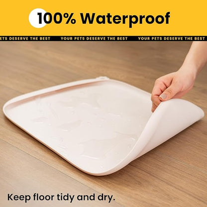 Silicone Dog Food Mat with Side Pocket & Hook Hole, Soft Raised Edges, Easy Clean Waterproof Non-Slip Pet Feeding Mat for Cats and Dogs Water Bowl, Pets Accessories(24"x16",Natural Tan)