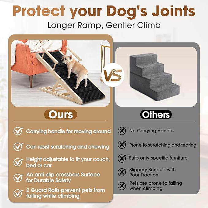 Dog Ramp for Bed - Foldable Small to Large Dog Ramp for Couch - 6 Adjustable Height from 12" to 24" - High Traction Mat & Safety Side Rails - Wooden Ramp for Dogs to Get on Bed Couch Car Up to 200LBS
