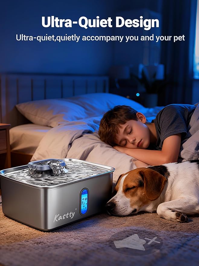Kastty 3.96 Gal Dog Water Fountain for Large Dogs,15L Stainless Steel Large Pet Water Fountain, Ultra Quiet Automatic Dog Water Bowl Dispenser with Water Level Window and LED Light(FS78,Grey