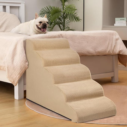 5-Step Dog Stairs and Ramp for High Bed, Non-Slip Sturdy Pet Steps for Small Dogs and Cats,22.2" H,Khaki