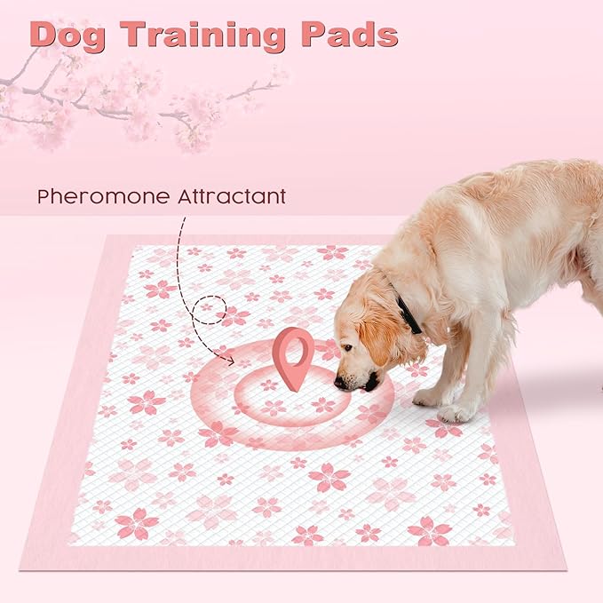 MIZOK Dog Pee Pads Extra Large 28"x34", Potty Pads for Big Dog Breeds, Super Absorbent & Leak-Proof, Pink Cherry Blossom Prints, Thick & Heavy, 4 Adhesive Tabs, XL (40 Counts)