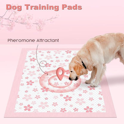 MIZOK Dog Pee Pads Extra Large 28"x34", Potty Pads for Big Dog Breeds, Super Absorbent & Leak-Proof, Pink Cherry Blossom Prints, Thick & Heavy, 4-Corner Adhesive Tabs, XL (50 Counts)