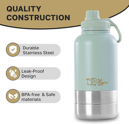 32oz 3-in-1 Portable Travel Water Bottle, Food & Hydration Bottle - Dual Use for Humans & Pets with Detachable Bowls, Stainless Steel, Keeps Water Hot for 6hrs & Cold for 12hrs