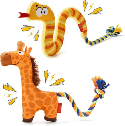 AUSCAT Plush Dog Rope Toy, Durable Squeaky Dog Toys for Puppy Small Medium Dogs (Not for Aggressive Chewers), Snake & Giraffe