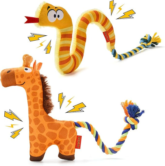 AUSCAT Plush Dog Rope Toy, Durable Squeaky Dog Toys for Puppy Small Medium Dogs (Not for Aggressive Chewers), Snake & Giraffe