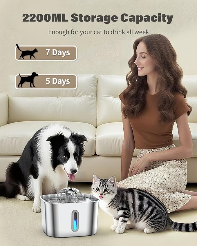 Wonder Creature Cat Water Fountain Stainless Steel, 74oz/2.2L Automatic Quiet Cat Drinking Fountain, Indoor Water Dispenser for Cats, Kittens, Small Dogs and Pets, Circulating Pet Water Fountain