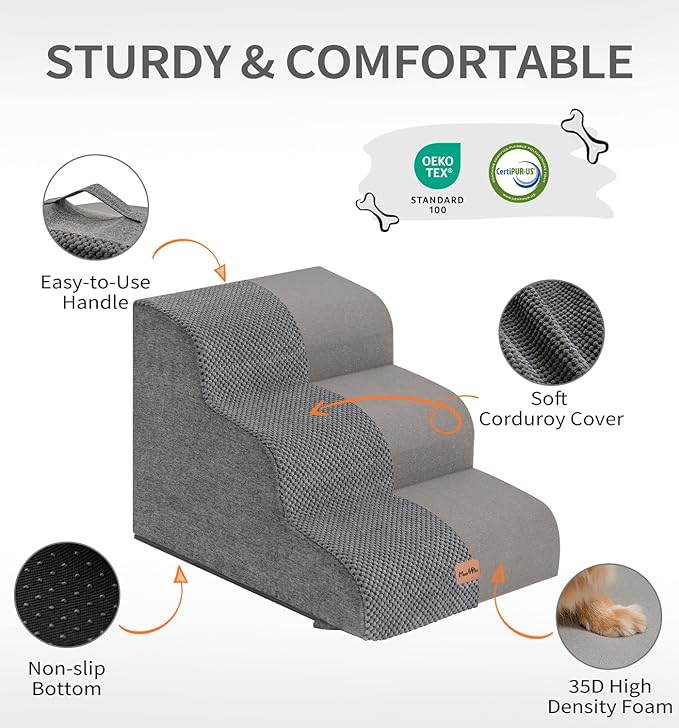 Made4Pets Dog Stairs Ramp for High Bed 22.8" H, 5-Step Pet Stairs for Bed Couch Sofa Climbing, 35D Foam Pet Steps for Small Dogs and Cats, Non-Slip Bottom Dog Steps, Grey