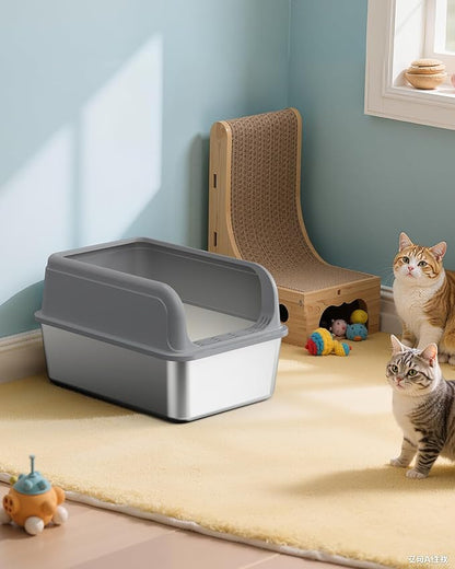 Stainless Steel Cat Litter Box, Metal Litter Box with Scoop, High- Sided, Anti-Leakage Top Entry, Non-Sticky, Easy to Clean, 8-Inch Splash-Proof Deep Pan, Grey, XXL (1 Pack)