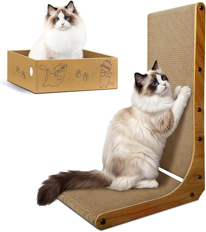 AGYM Cat Scratcher, 26 inch L Shape Cat Scratching Pad for Indoor Cats, Durable Sustainable Cardboard Scratcher with Box, Recyclable Vertical Cat Scratch Pad to Protect Furniture, Large