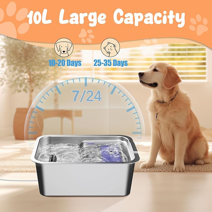 Stainless Steel Dog Fountain, 7L/10L Large Capacity Automatic Water Dispenser with 5 Filters, LED Indicator, Silent Pump for Medium to Large Cats Dogs and Multi-Pet Home (10L Fountian)