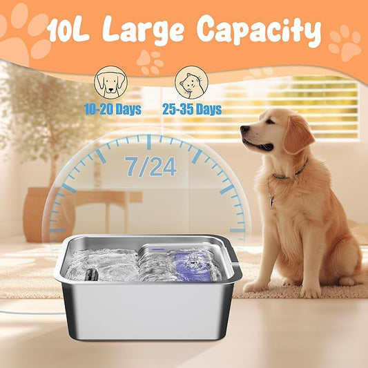 Stainless Steel Dog Fountain, 7L/10L Large Capacity Automatic Water Dispenser with 5 Filters, LED Indicator, Silent Pump for Medium to Large Cats Dogs and Multi-Pet Home (10L Fountian)