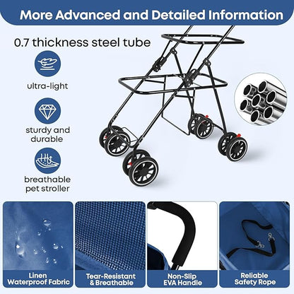 Double Pet Stroller for Dogs and Cats,Cat Strollers for 2 Cats,Double Dog Stroller for 2 Small Medium Dogs,4 Lockable Wheels/Lightweight/Folding,Navy Blue