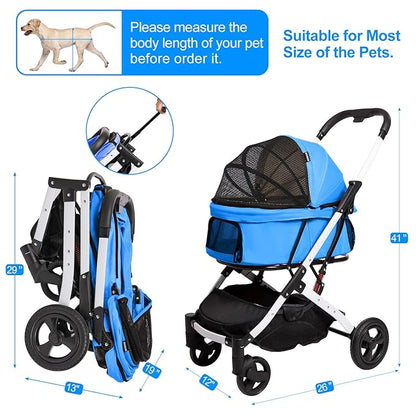 Pet Stroller for Medium Small Dog & Cat, Foldable Lightweight Dog Stroller with Storage Basket Pet Travel Carriage with Safety Leashes, 4 Wheel, Blue