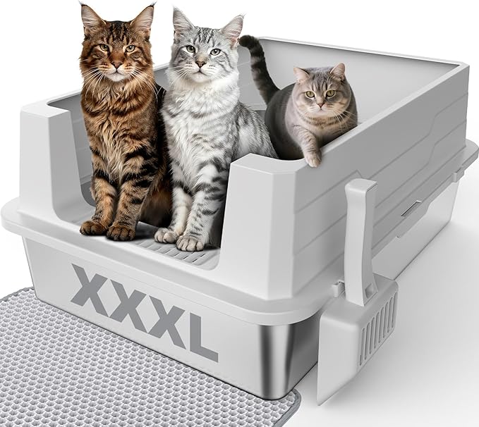 Stainless Steel Litter Box Extra Large for Big Cats Multi-Cats, Jumbo Extra Large Metal Cat Litter Box with High Sided Lid, Anti-Urine Leakage, Non-Stick,Include Litter Scoop