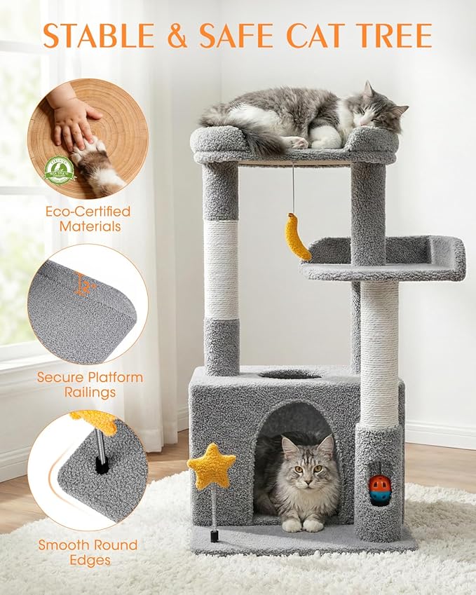 32In Cute Cat Tower for Indoor Cats with Cat Condo, Plush Platform, Hammock, Sisal Scratching Posts, Dangling Ball, Tall Cat Tree Tower with Self-Grooming Brush (Light Grey)