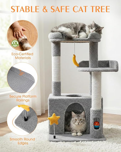 32In Cute Cat Tower for Indoor Cats with Cat Condo, Plush Platform, Hammock, Sisal Scratching Posts, Dangling Ball, Tall Cat Tree Tower with Self-Grooming Brush (Light Grey)