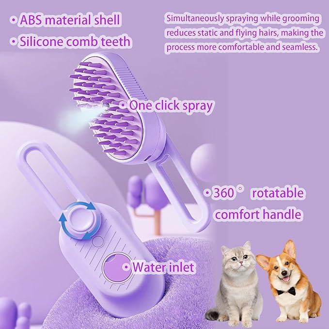3 in 1 Cat Steam Brush for Shedding & Grooming with Foldable Handle Pet Spray Hair Removal Comb Spritz Defur Comb for Cats Water Brush for Long & Short Haired Pets