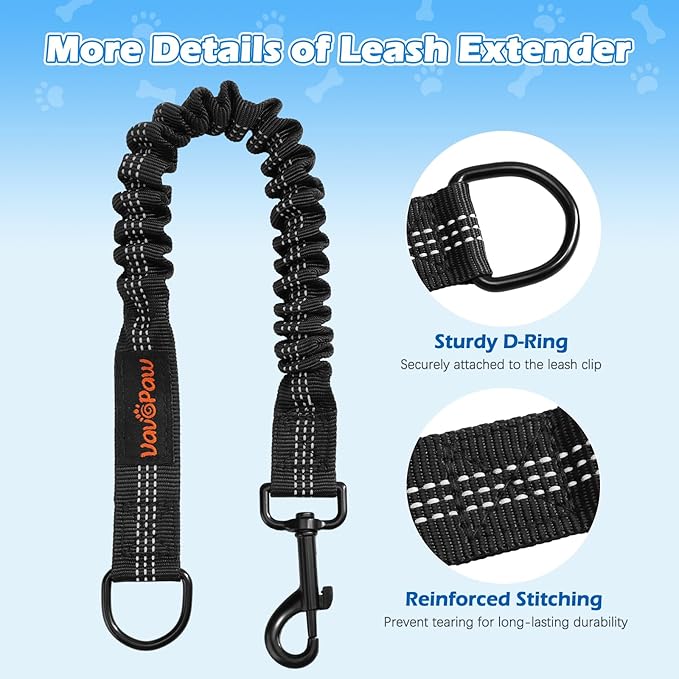 Bungee Dog Leash Extender, Shock Absorbing Dog Lead Extender for No Pull & Prevents Injury, Retractable Bungee Leash for Large Dogs with 360° Swivel Clip & Reflective Strip, 2 Pack