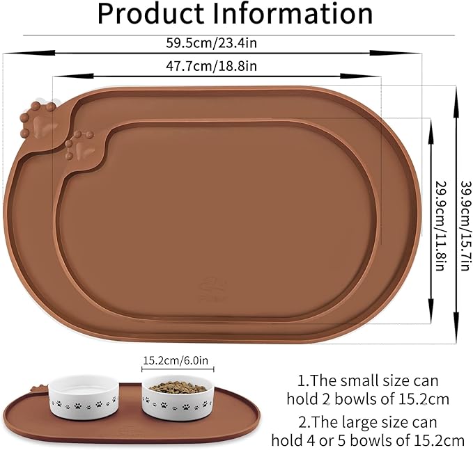 KPWACD Pet Placemat for Dog and Cat, Waterproof Silicone Dogs Feeding Bowl Mat Prevent Food and Water Overflow, High-Lips Puppy Dish Mats Suitable for Small Medium Big Pets, Brown, 24" * 16"
