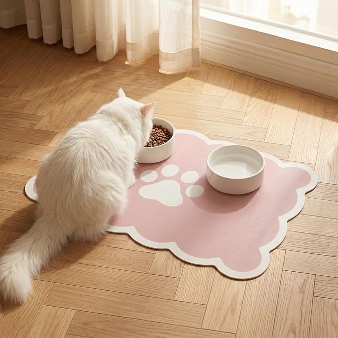 Absorbent Pet Food Mat, Scalloped Edge Dog Cat Bowl Mat with Rubber Backing, Quick-Dry Leather Feeding Mat for Messy Drinkers, 16" x 24", Pink