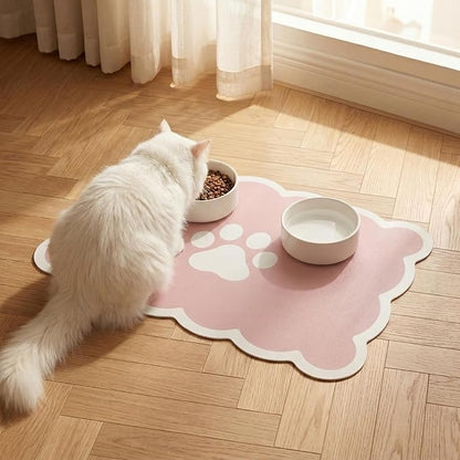 Absorbent Pet Food Mat, Scalloped Edge Dog Cat Bowl Mat with Rubber Backing, Quick-Dry Leather Feeding Mat for Messy Drinkers, 12" x 20", Pink