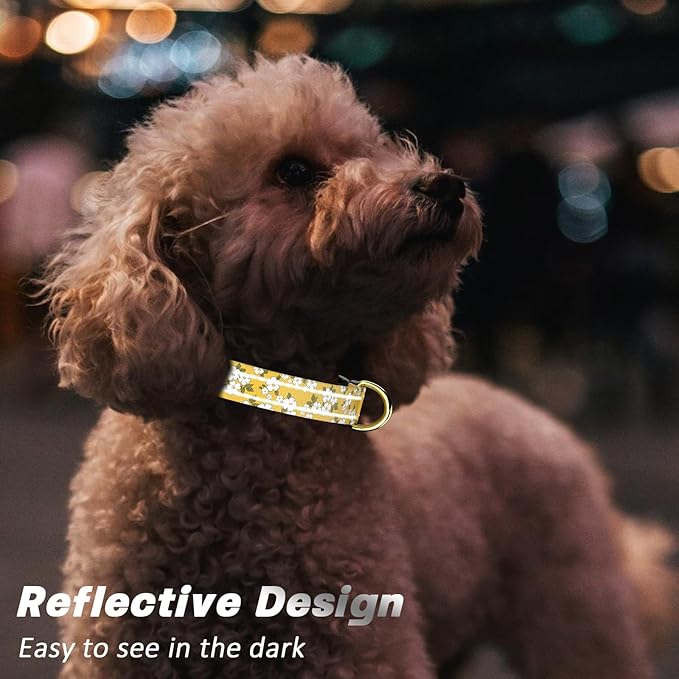 Reflective Dog Collar for Medium Dogs, Cute Flower Theme Adjustable Heavy-Duty Nylon Puppy Collar for Boy and Girl Female, Soft Pet Accessories with Quick Release Buckle, Yellow
