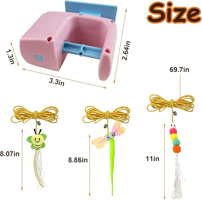 Automatic Hanging Cat Toy for Indoor Cats, Electric Doorway Cat Teaser with Motion Sensor, Quiet Motor & Retractable Rope, Includes 3 Replaceable Feather Attachments, USB Rechargeable, Pink