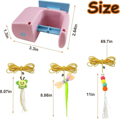 Automatic Hanging Cat Toy for Indoor Cats, Electric Doorway Cat Teaser with Motion Sensor, Quiet Motor & Retractable Rope, Includes 3 Replaceable Feather Attachments, USB Rechargeable, Pink