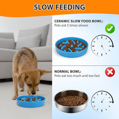 Ceramic Slow Feeder Dog Bowl, 8.3 inch Dog Food Bowls for Small, Medium, and Large Breed, Anti-Slip Puzzle Food Dish to Slow Down Eating (Blue, 8.3 in)