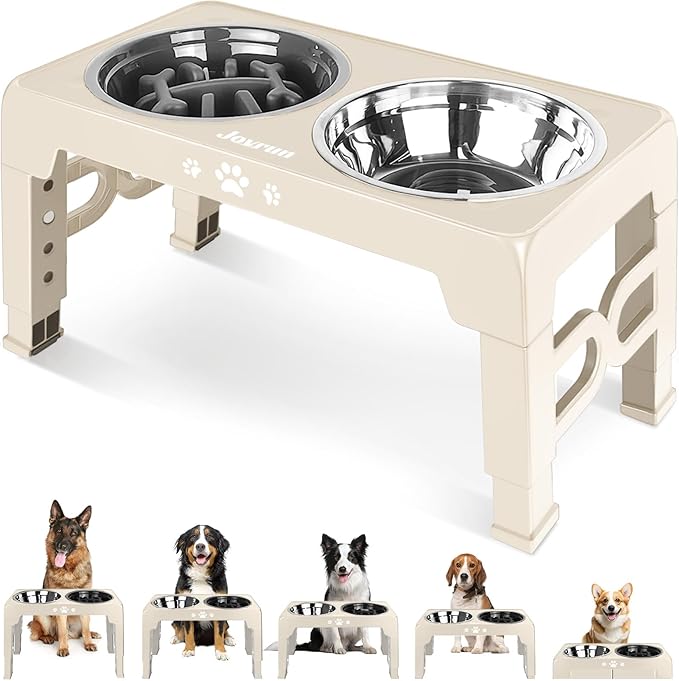 Elevated Dog Bowls for Medium Large Size Dogs, Non-Slip Dog Feeder with 1*Stainless Steel Dishes & 1*Slow Feeder Bowl, 5 Heights Adjustable Raised Bowls to 3.15″-8.66″-9.84″-11.02″-12.2″