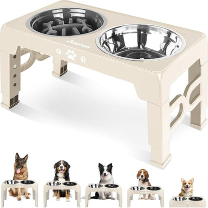 Elevated Dog Bowls for Medium Large Size Dogs, Non-Slip Dog Feeder with 1*Stainless Steel Dishes & 1*Slow Feeder Bowl, 5 Heights Adjustable Raised Bowls to 3.15″-8.66″-9.84″-11.02″-12.2″