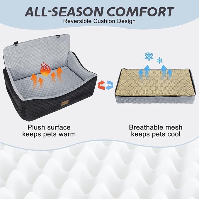 JOEJOY Dog Car Seat for Medium/Large Dogs - Reversible Dual-Sided Travel Dog Car Bed with Memory Foam, Washable Pet Booster Seat for Dogs up to 55 lbs or 2 Small Dogs, 2 Safety Leashes, Grey