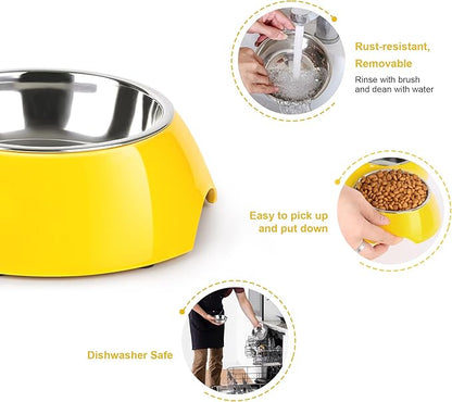 Elevated Dog Bowls Set - Non-Slip Raised Pet Feeder with Medium (2 Cups) & Large (4 Cups) Stainless Steel Bowls - Includes Durable Resin Stand for Corgi Puppies and Adult Cats - Yellow